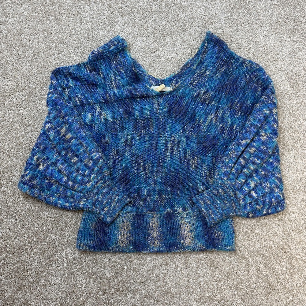 Miss Morena Sweater Womens Large Blue V Neck Open-Knit Sequin Dolman Pullover